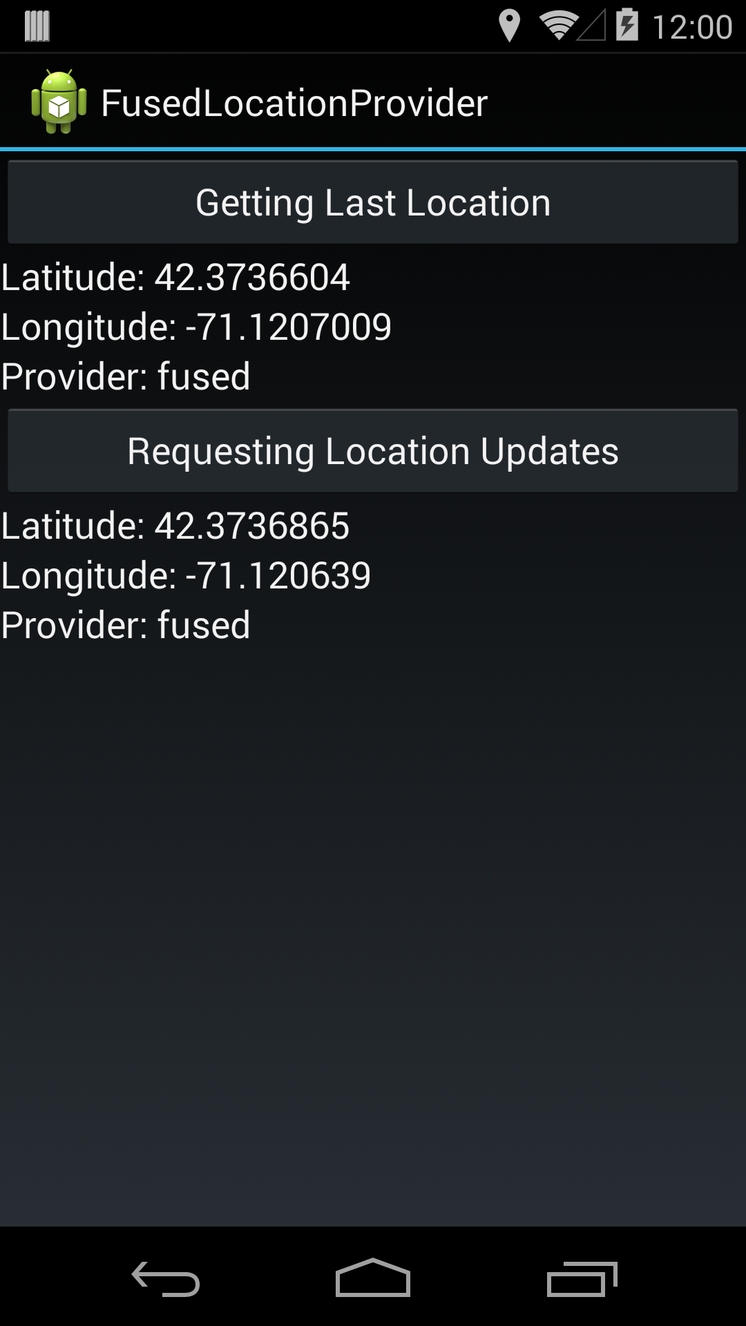 Android screen showing latitude, longitude coordinates