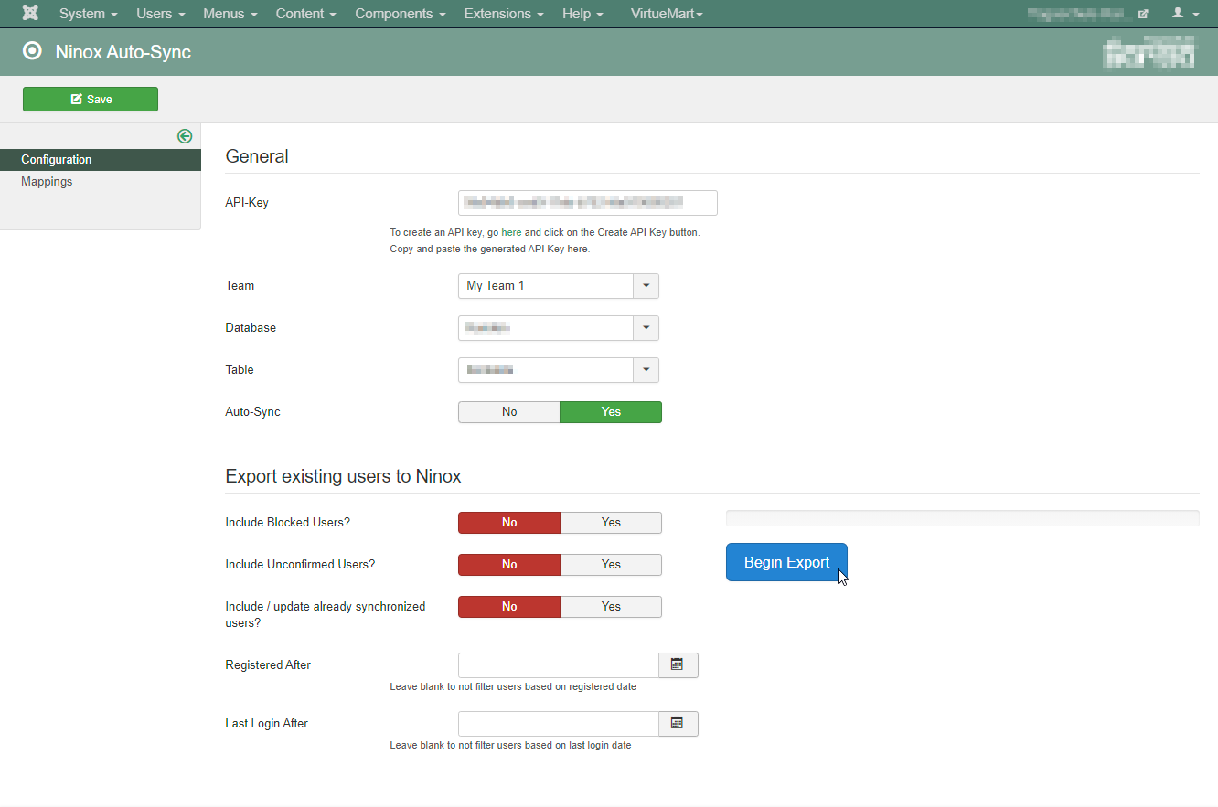 joomla-ninox admin configuration view