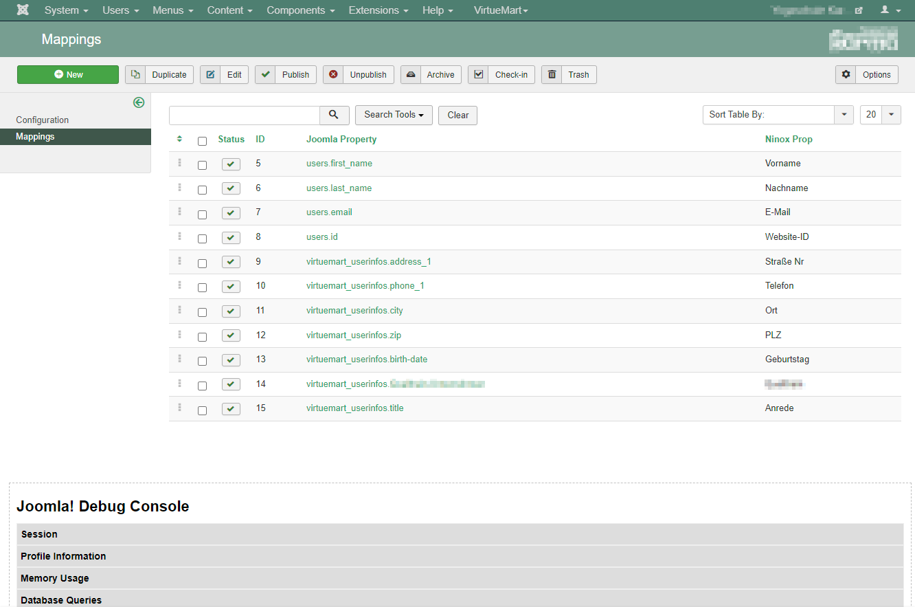 joomla-ninox admin mapping view