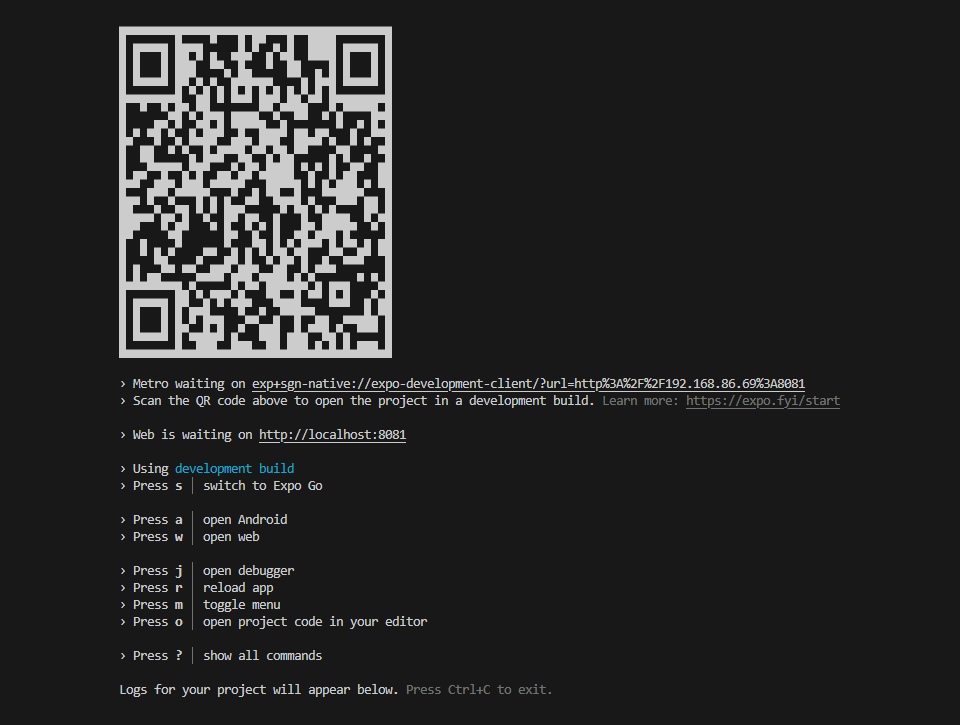 screenshot of the command dashboard showing the QR code and options