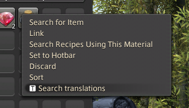 A screenshot showcasing the context menu for searching an item's translations