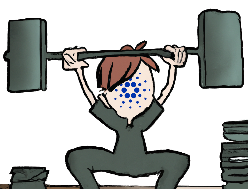 A person with the Cardano logo as face, lifting heavy weights