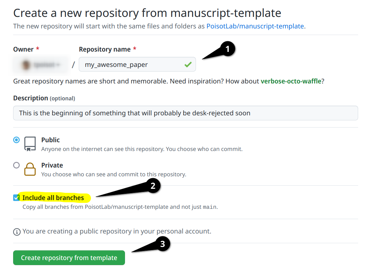 The important steps in using this template are (1) to pick the new name for your repository, (2) to make sure "Include all branches" is checked, and (3) to finish the process by clicking on "Create repository from template".