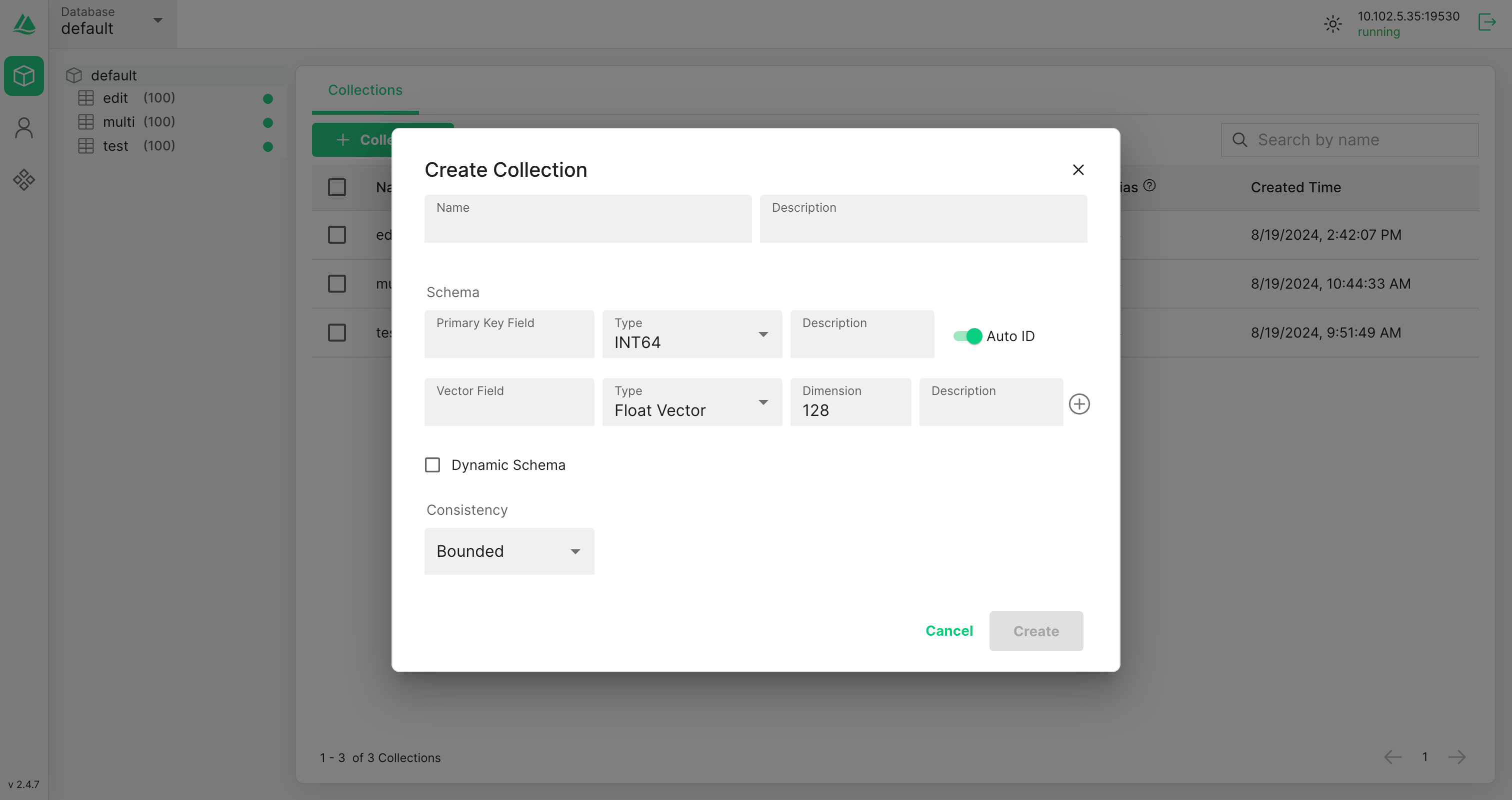 attu create collection dialog