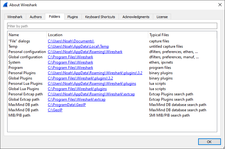 wireshark about dialog, folders tab