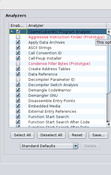 Ghidra Analyze Dialog