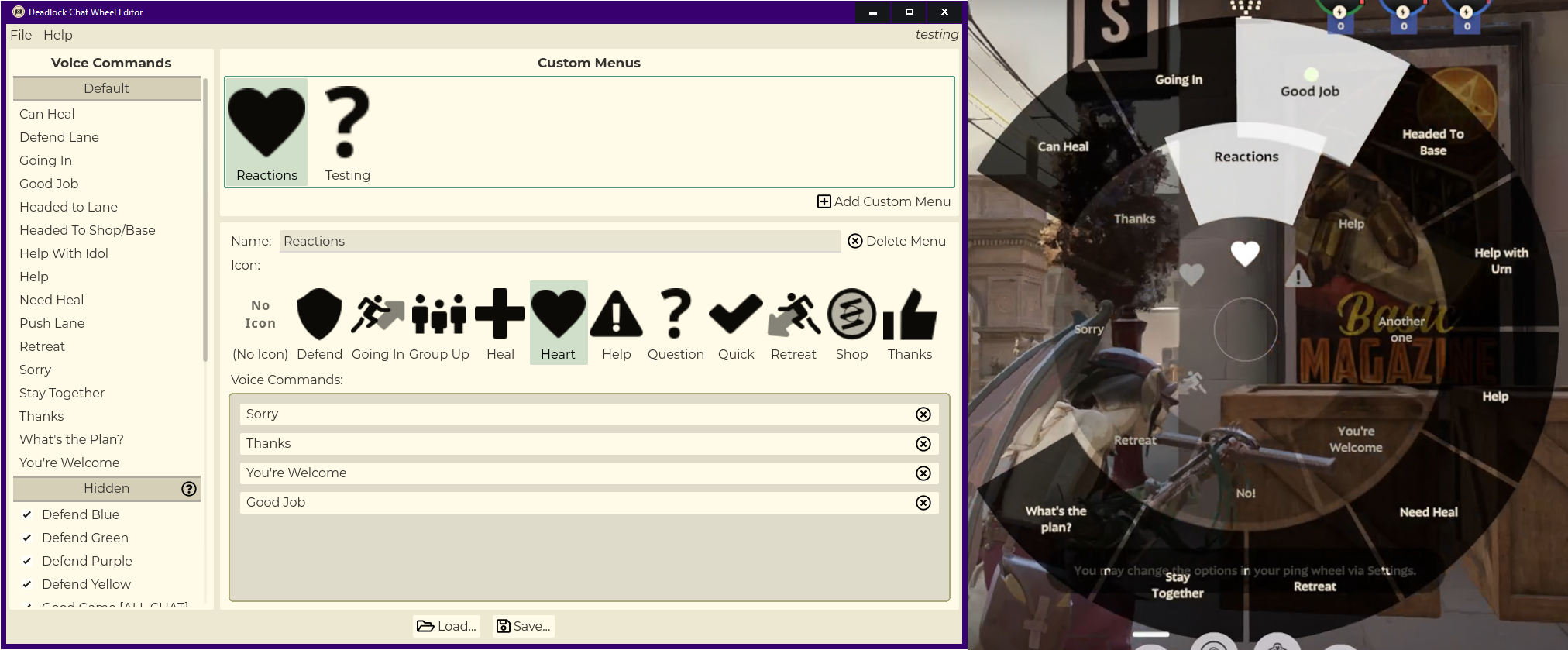 Left: A screenshot of the GUI. Right: Chat wheel in-game.