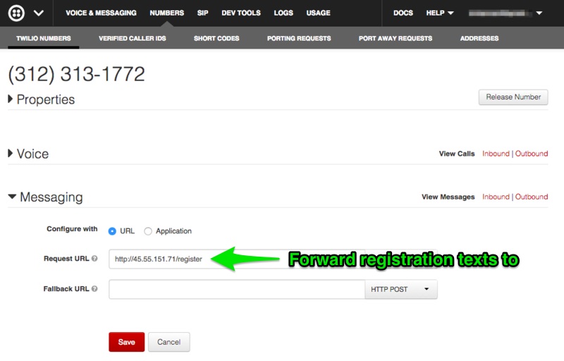 Twilio registration configuration