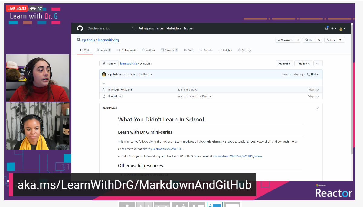 This is a screencapture of the Learn with Dr G stream on GitHub markdown