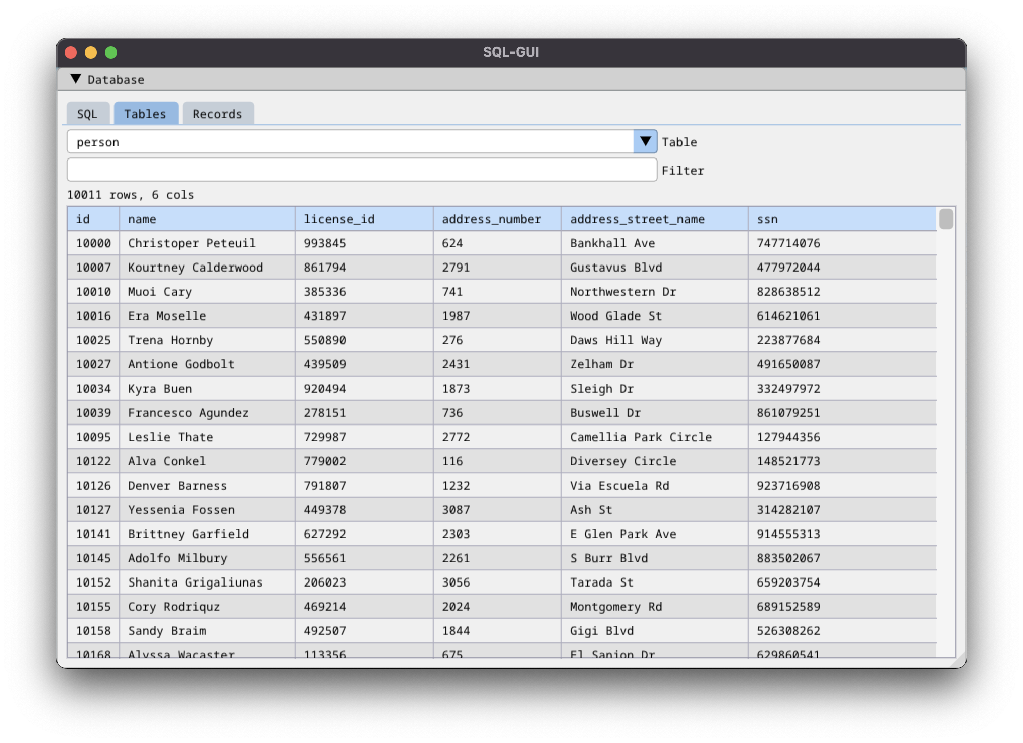 Screenshot of table browser