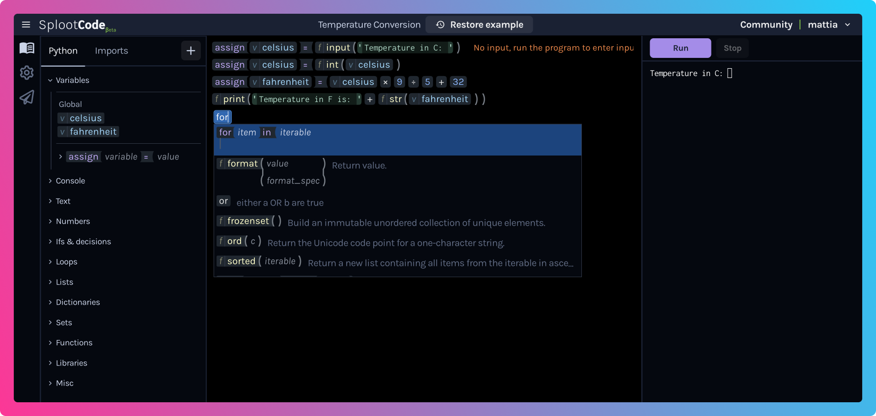 Screenshot of the SplootCode editor