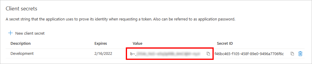 A screenshot of a new secret in the Client secrets list