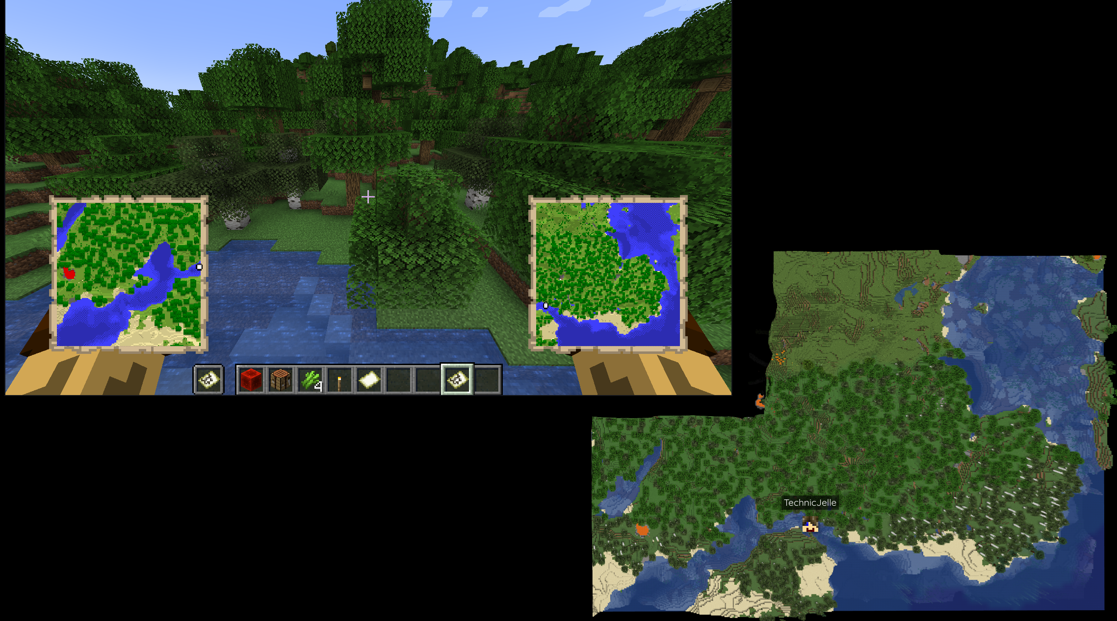 a screenshot of a Minecraft window where the player is holding two maps, overlaid on the BlueMap that is showing the same area