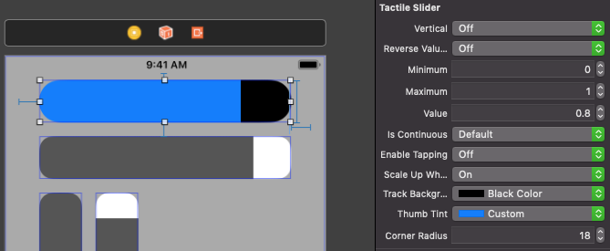 screenshot of Xcode Interface Builder demonstrating a TactileSlider being customized using the graphical interface