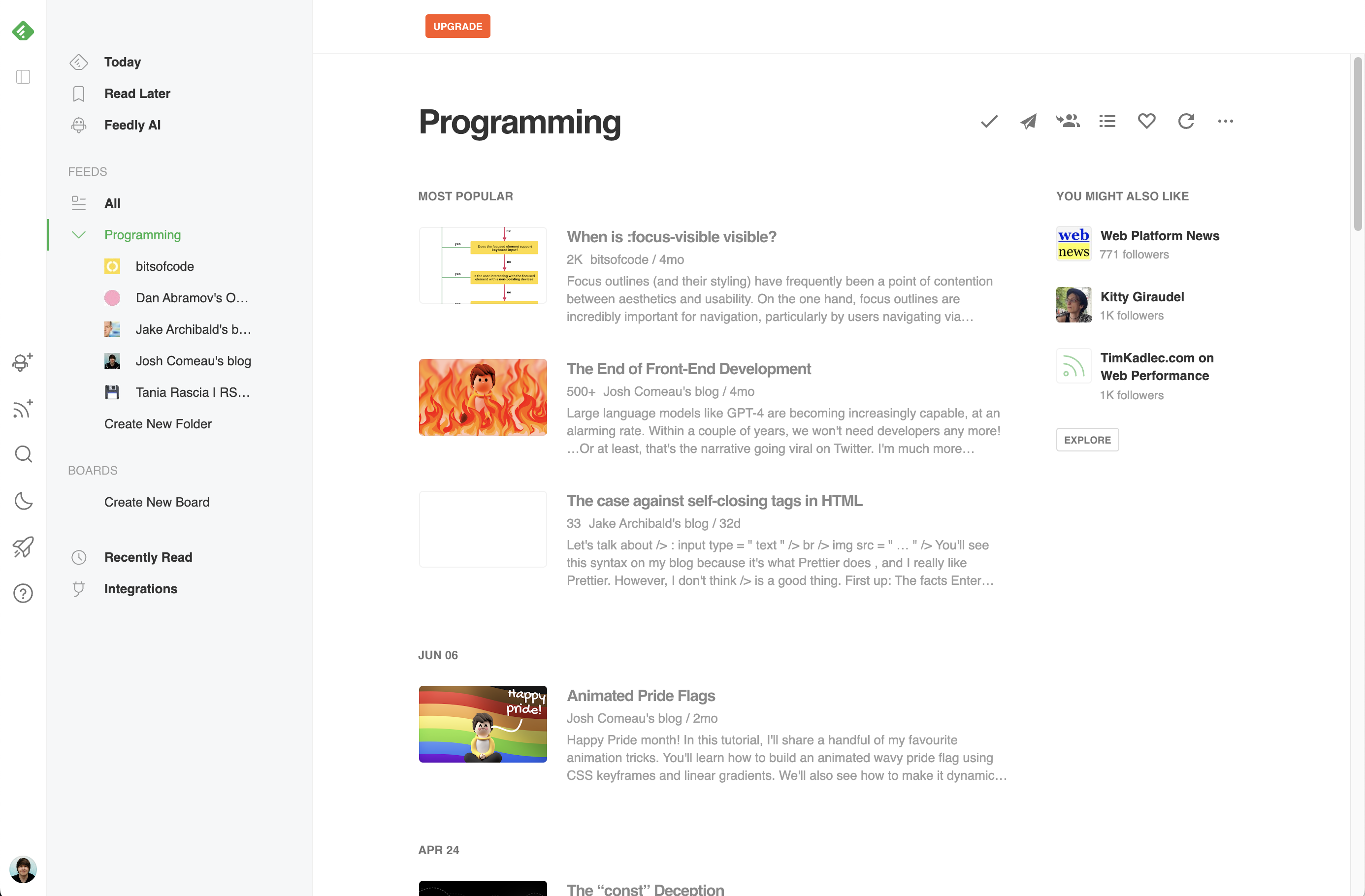 Screenshot of “Feedly”, an RSS reader