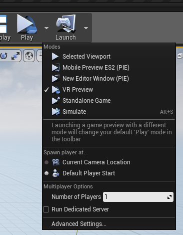 Dropdown menu with VR Preview selected