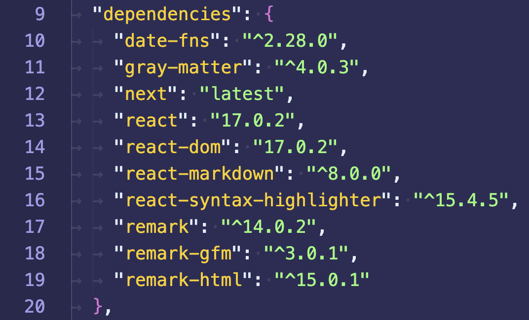 VS Code displaying the dependencies section of package.json