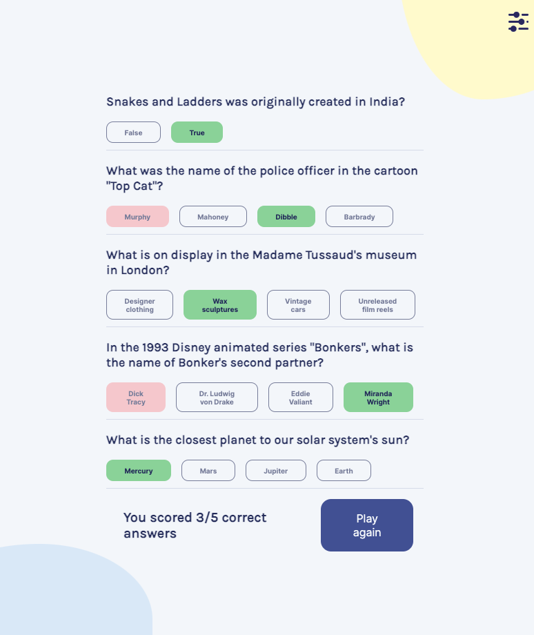 screen of answers displaying correct and incorrect choices