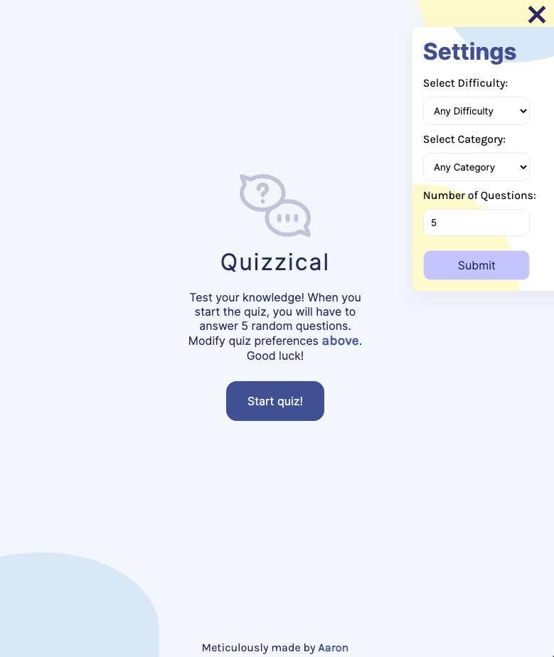 screen of homepage for quizzical