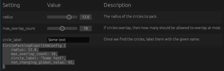 The Control Panel interface generated for CirclePackingAlgorithmConfig.