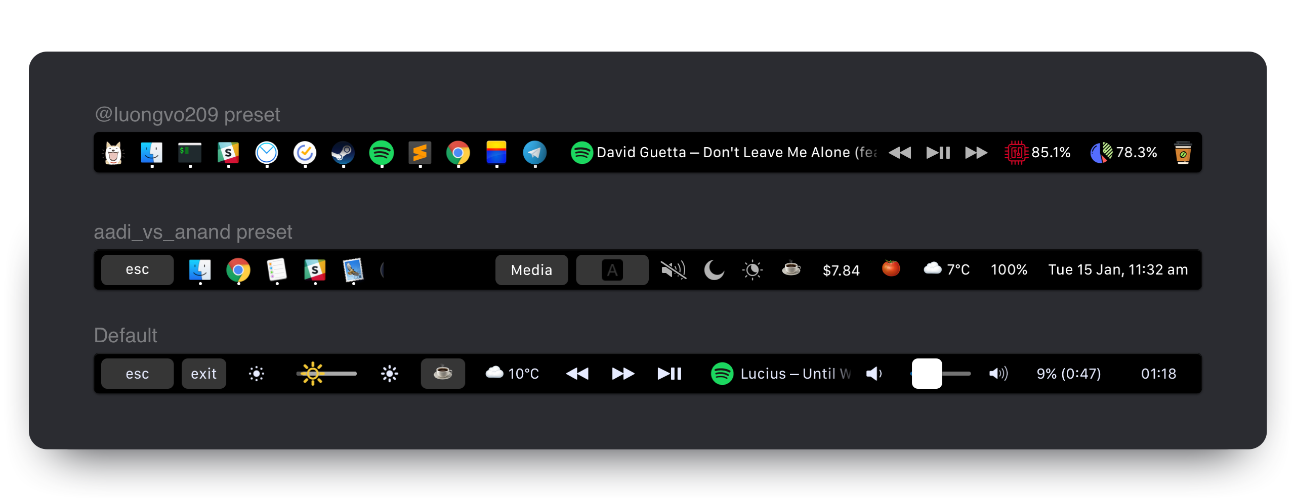 Presets for touchbar