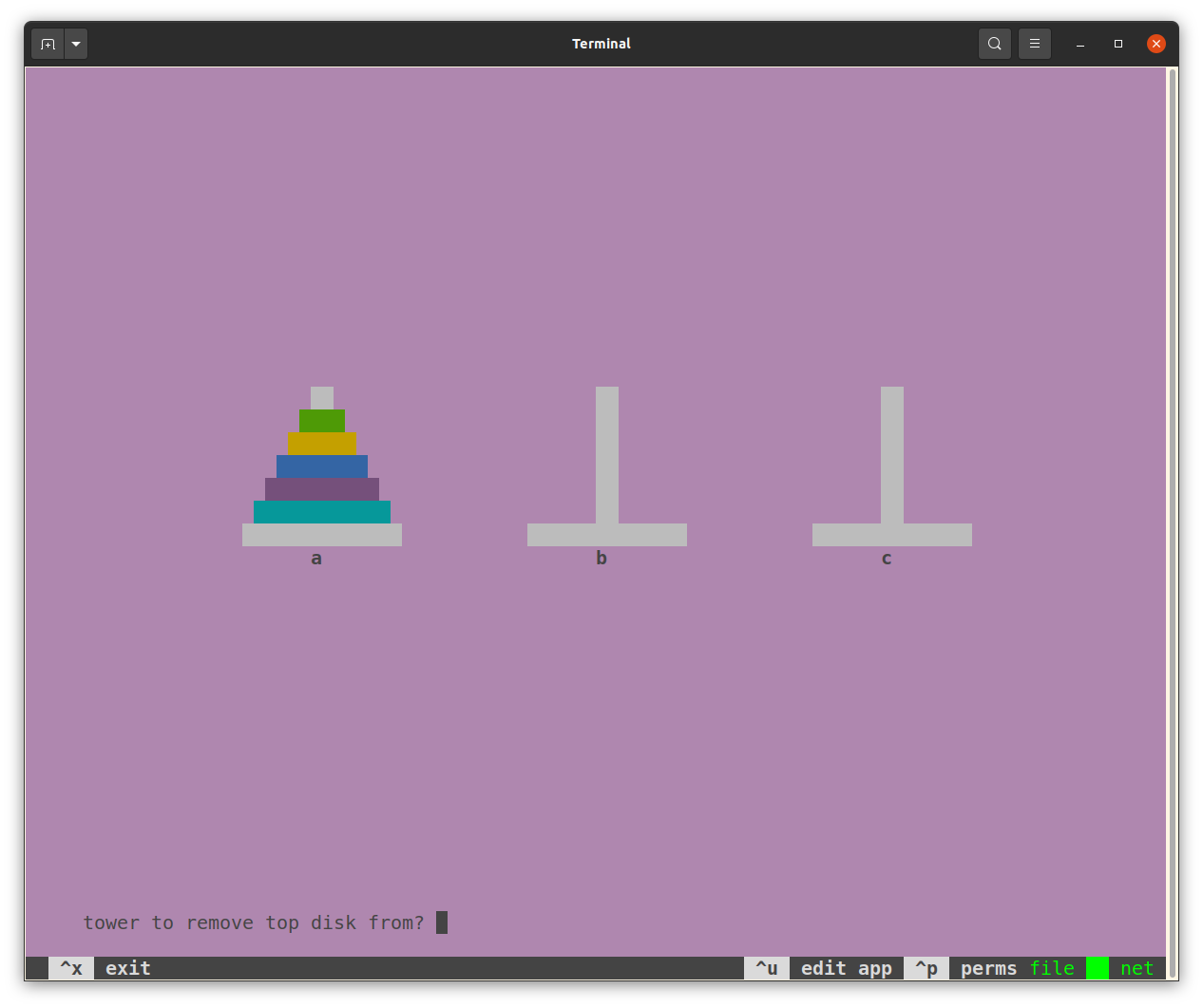 screenshot of Teliva running the Towers of Hanoi