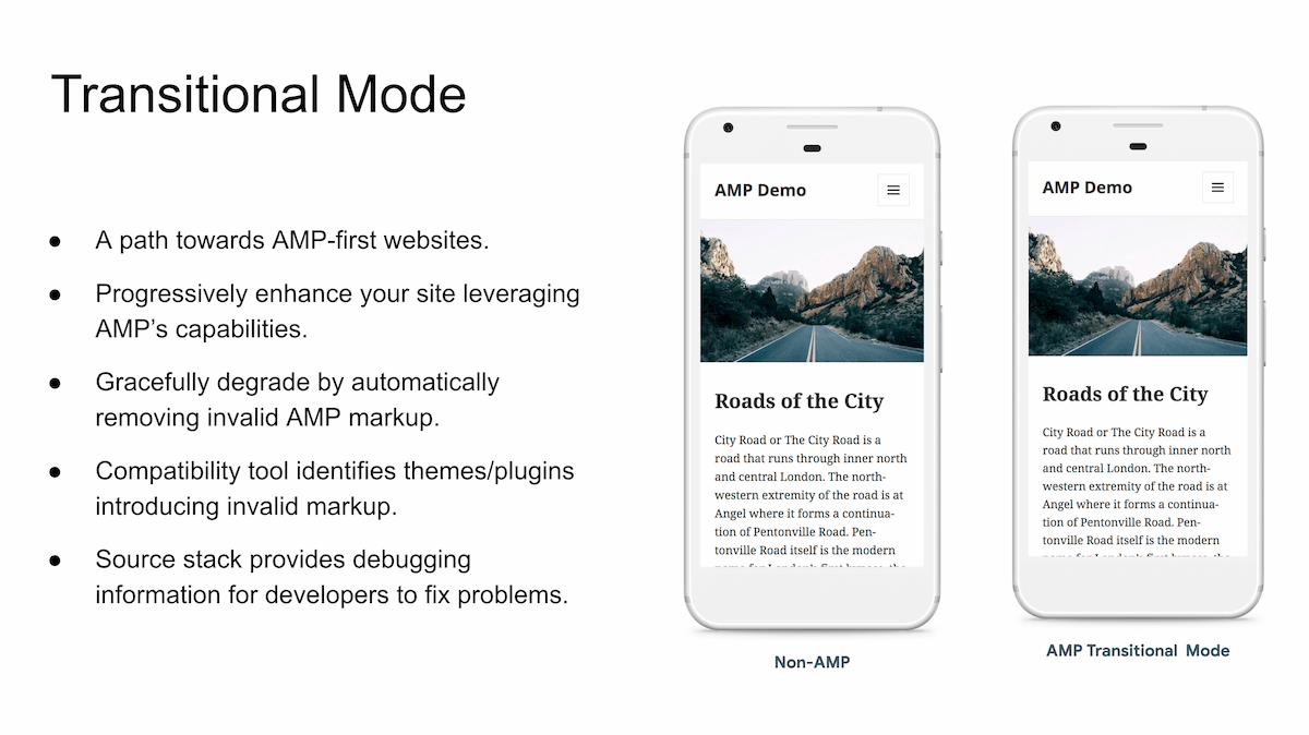 Transitional mode: A path to making your site fully AMP-compatible, with tools to assist with debugging validation issues along the way.