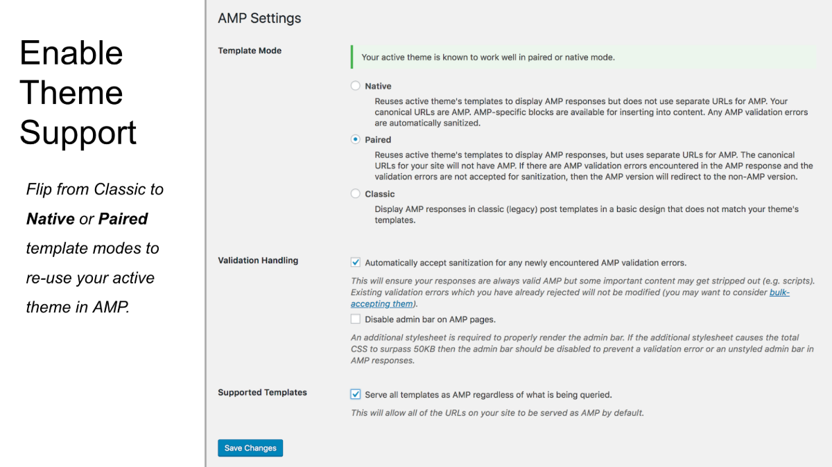 Switch from Classic to Paired or Native modes in AMP settings screen. You may need to disable the admin bar in AMP if your theme has a larger amount of CSS.