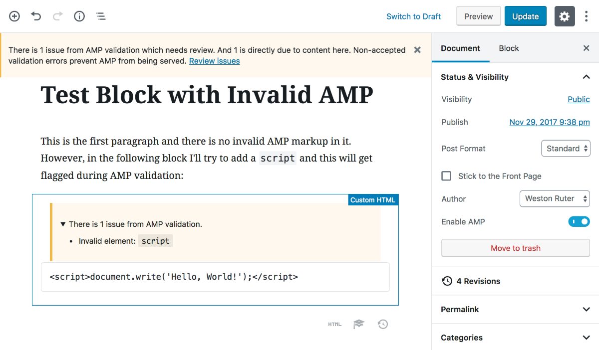 The editor will surface validation issues during content authoring. The specific blocks with validation errors are indicated.