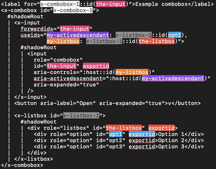 Screenshot of above code snippet, with colour highlighting to show how IDs are exported, forwarded, receieved, and finally used. For example, instances of the string "my-activedescendant" are all highlighted purple, while "opt1" is highlighted blue, to show how the aria-activedescendant attribute value on the wrapped <input> comes to refer to an element in a sibling shadow root. 7 colours are necessary to disambiguate all the IDs that are used.