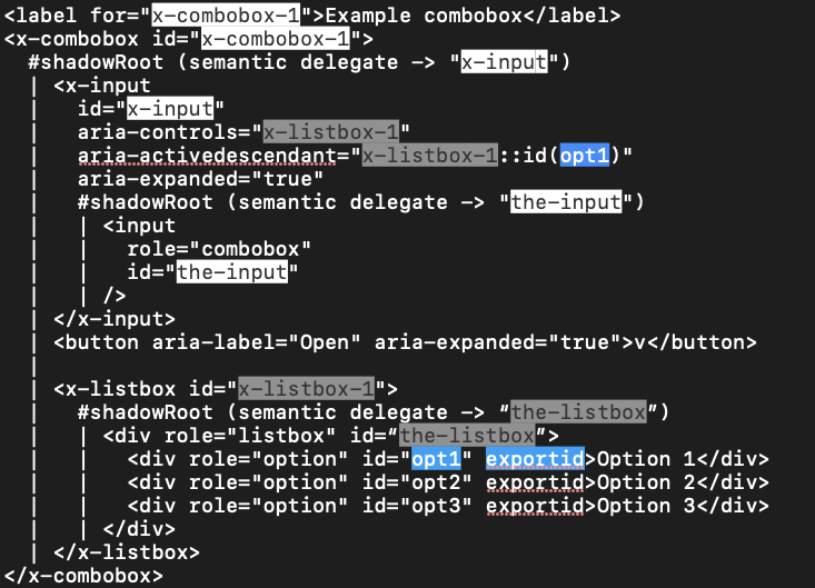 Screenshot of above code snippet, also with colour highlighting, showing how "opt1" is still exported but now used on the <x-input> instead, and how the delegation simplifies the rest of the ID references, so that only 3 colours are necessary because, for example, "x-combobox-1" delegates to "x-input" which delegates to "the-input", making them synonymous.