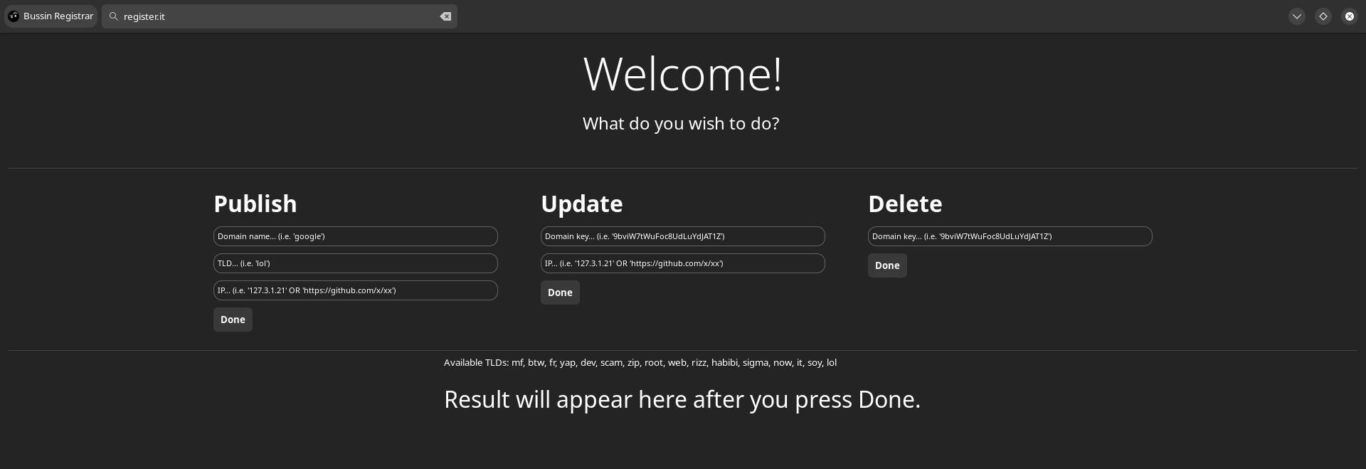 Preview of buss://register.it, the frontend for registering domains