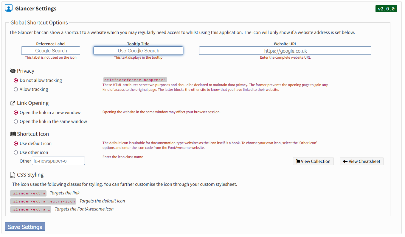 Glancer Plugin Settings