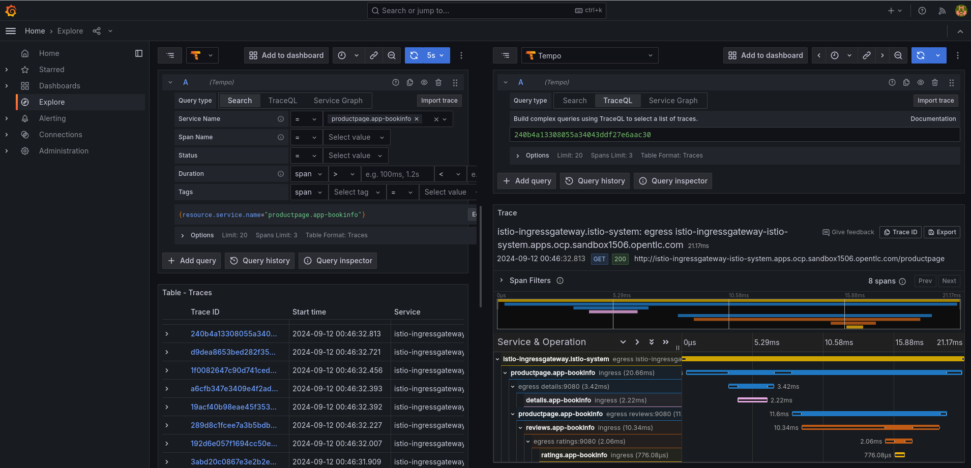 Traces from the Grafana Web Console