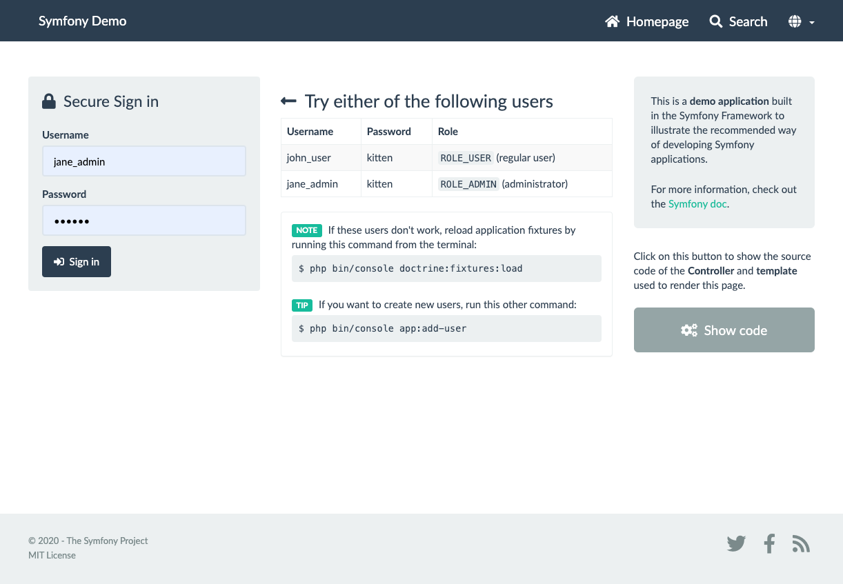 The Symfony demo login page.