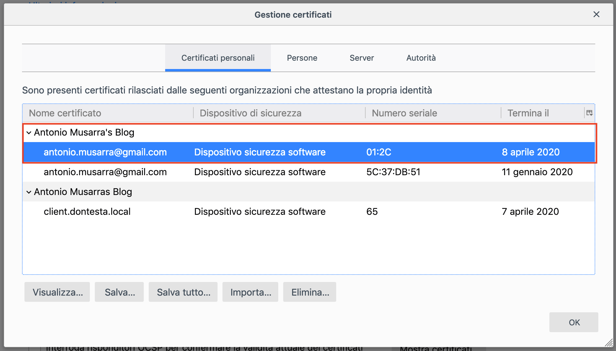 Certificato Digitale Personale installato sul browser