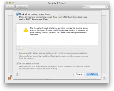 Mac firewall settings dialog with “Block all incoming connections” checked