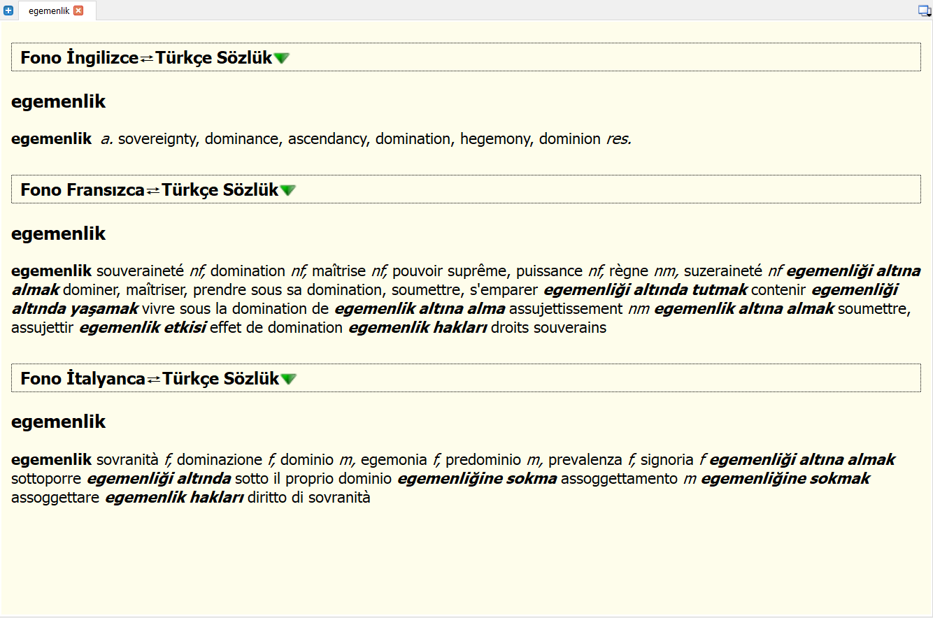 Sözlüklerin GoldenDict üzerindeki görünümü