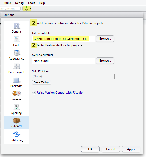 Figure 1: RStudio: Global Options for Git/SVN