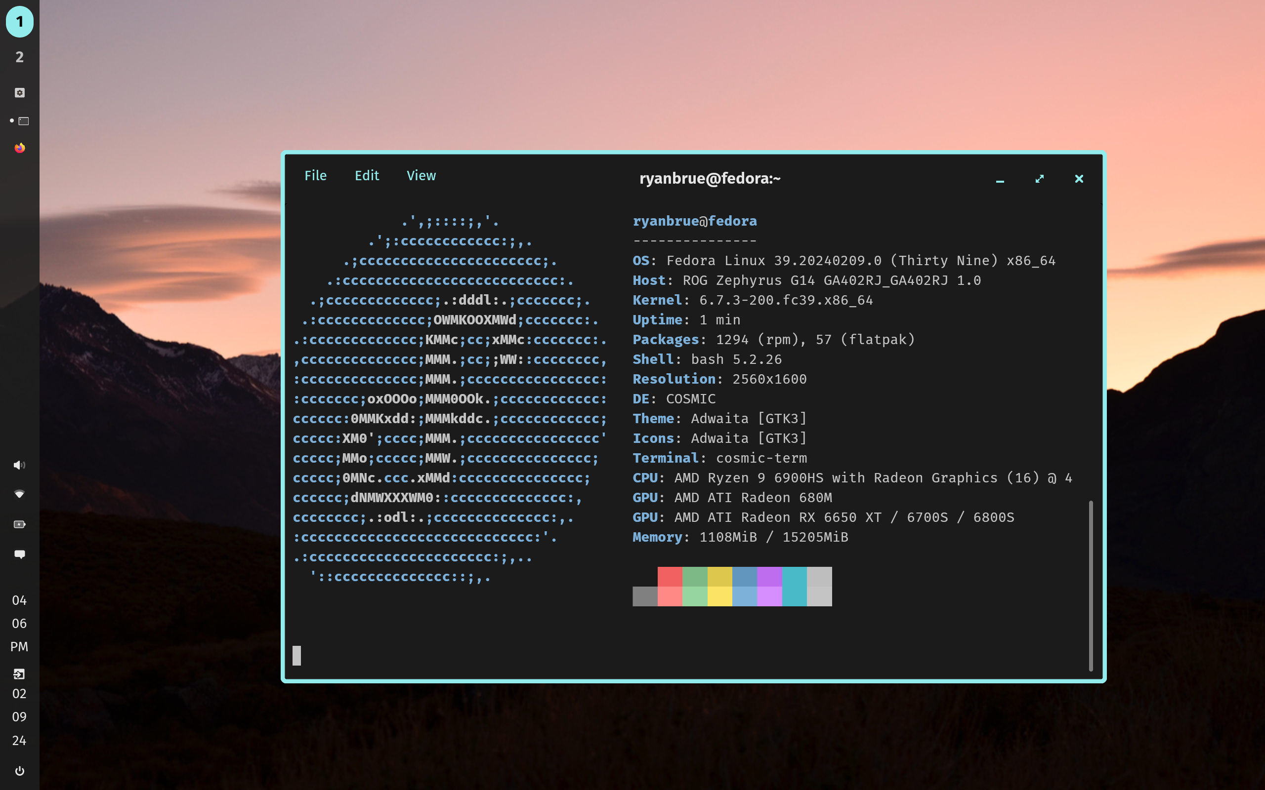 Neofetch of COSMIC desktop in Fedora