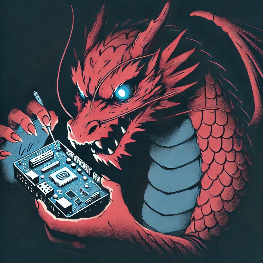 A red dragon tinkers with an IoT device