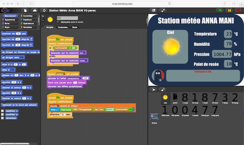 Capture d'écran de SNAP! avec le programme de la station météo