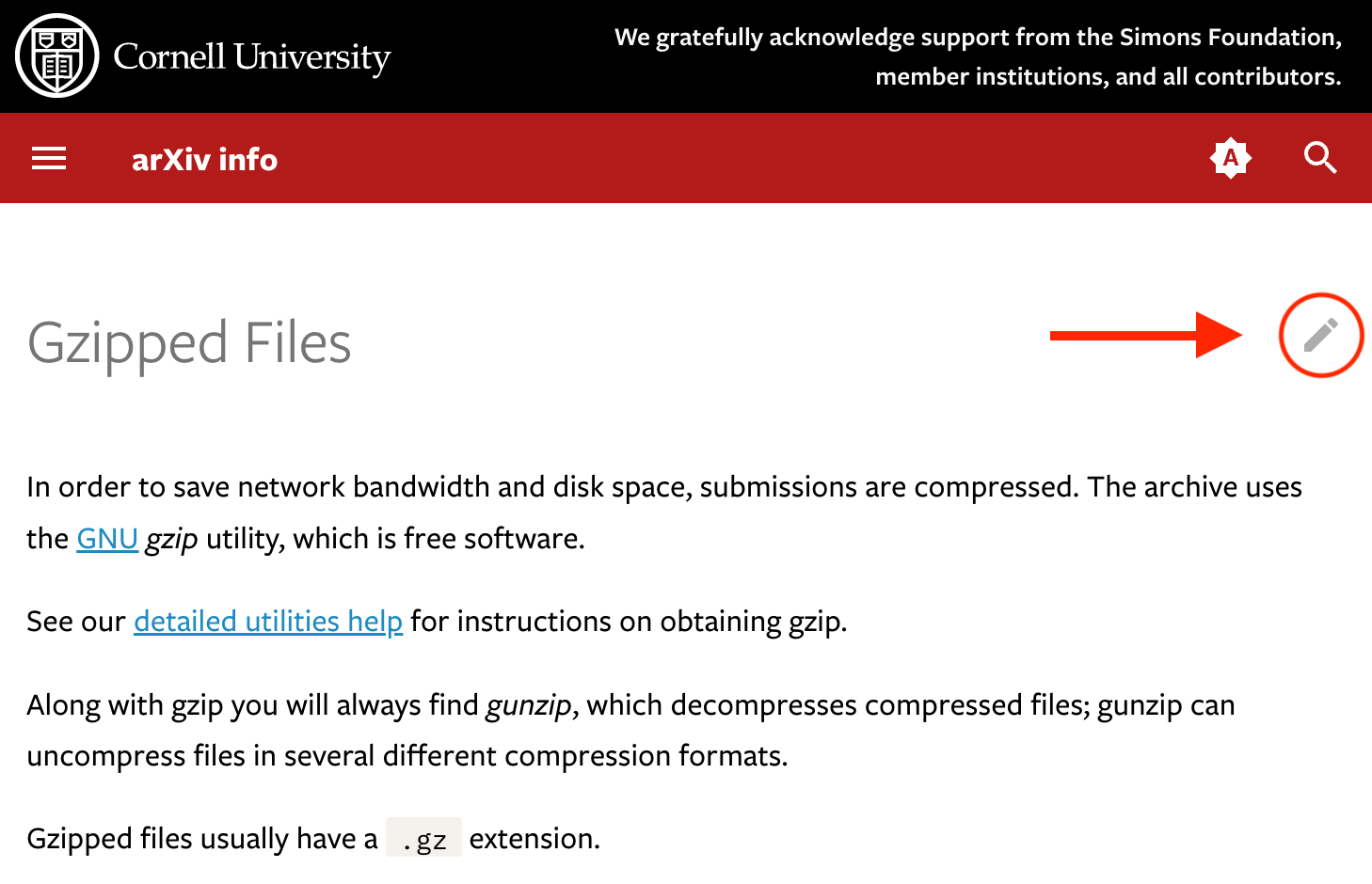 Screenshot of a page on info.arxiv.org and the location of the edit icon