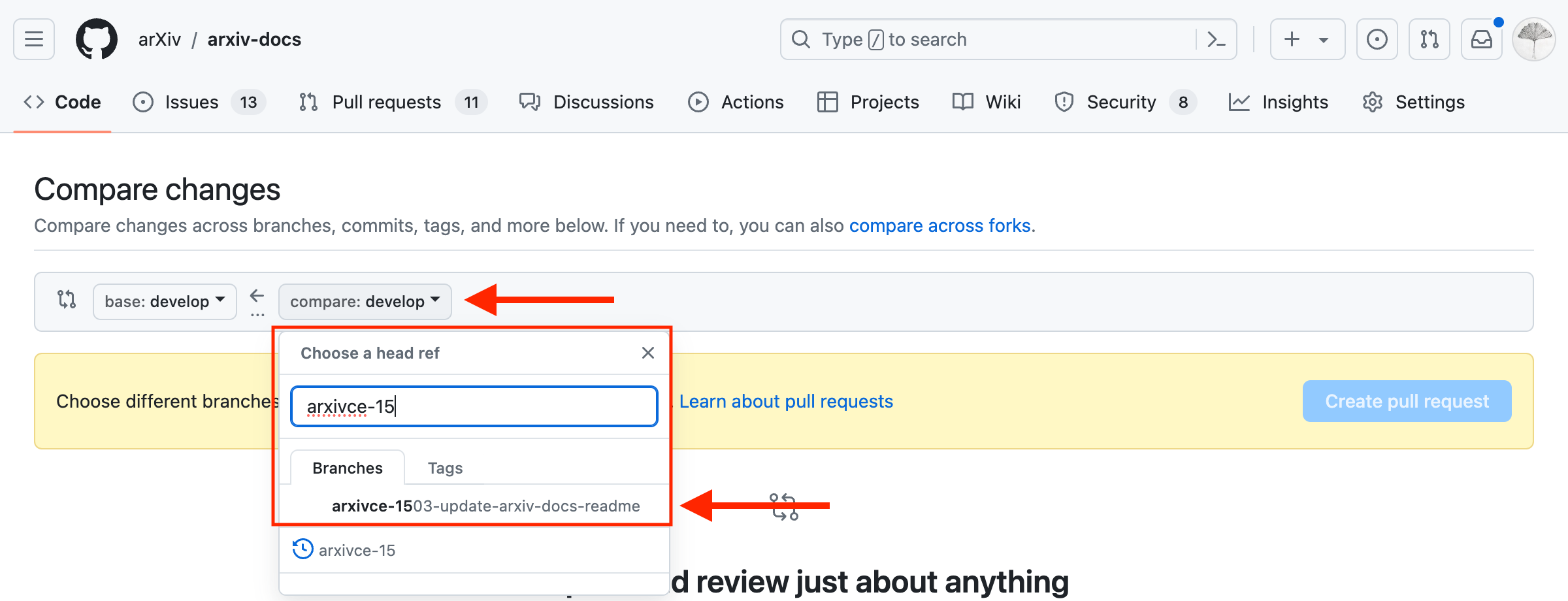 Screenshot how to compare changes in the pull request in github