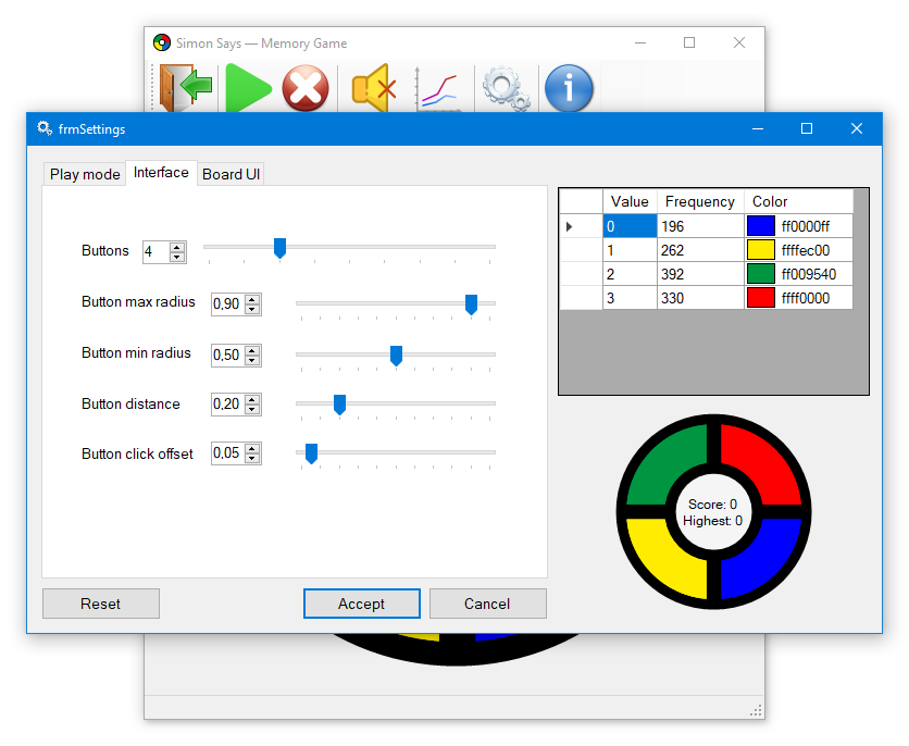 Settings interface