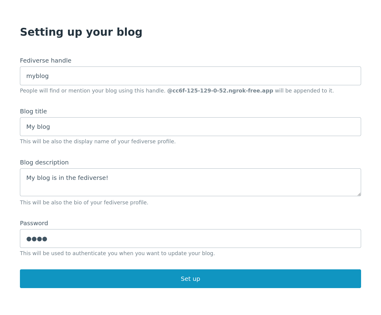 The initial setting up form.