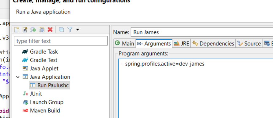 eclipse run configuration params