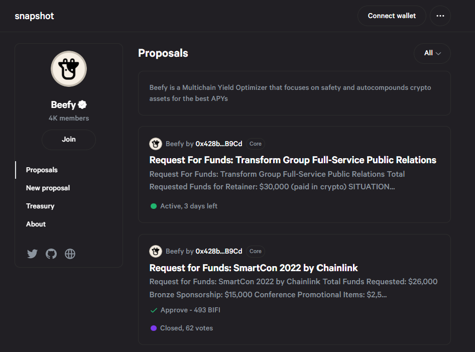 Beefy's Snapshot page houses our governance proposals and voting.