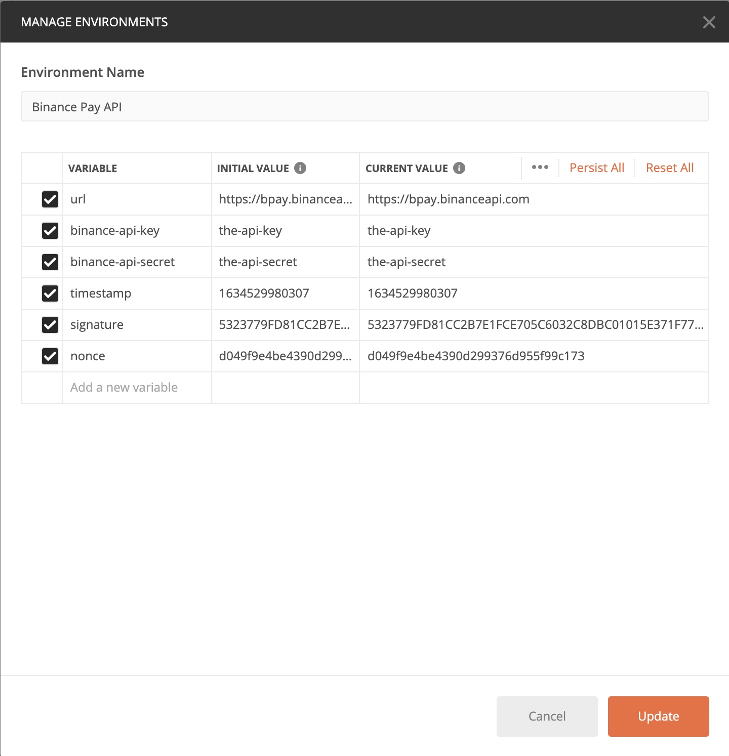 Screenshot of Postman for Mac, showing where the user should fill in their API and secret keys.