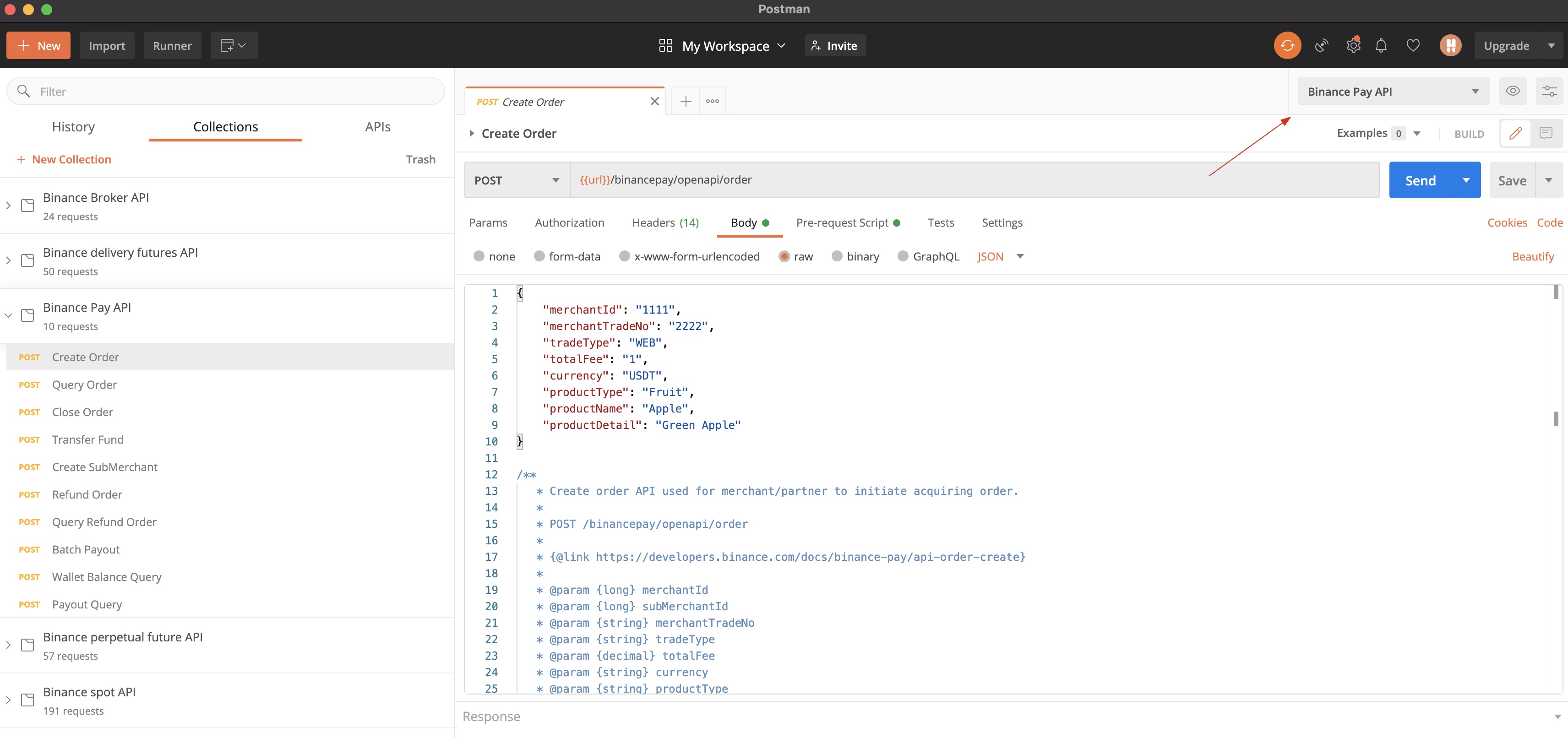 Screenshot of Postman for Mac, showing how imported environments can be selected from a dropdown .